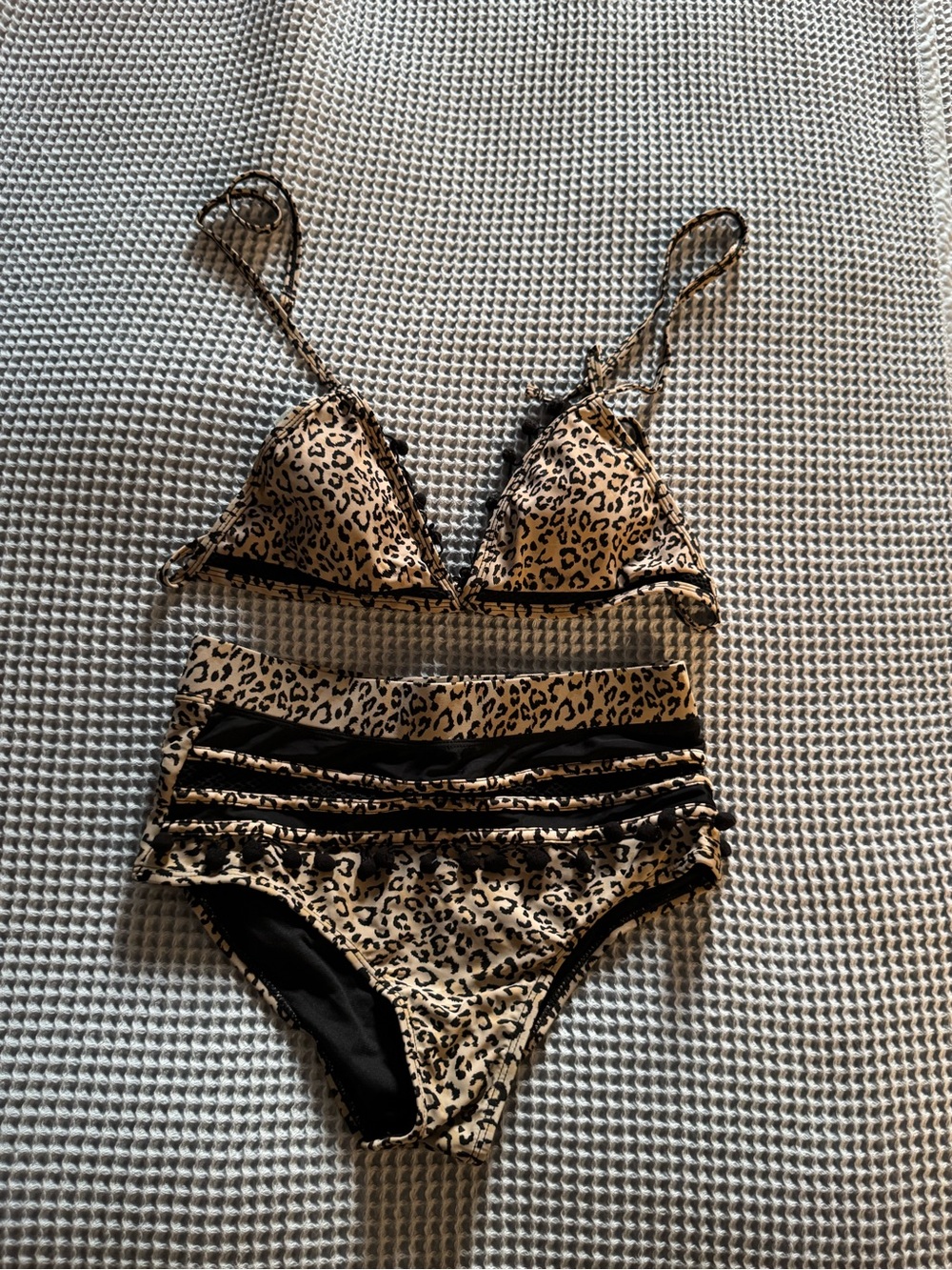 Leopard Print high waisted Swim bikini - Tan and Black. With Pom Pom accent